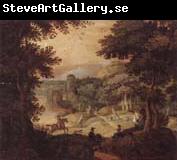 unknow artist a wooded landscape with a hunting party at the edge of a lake,a castle beyond